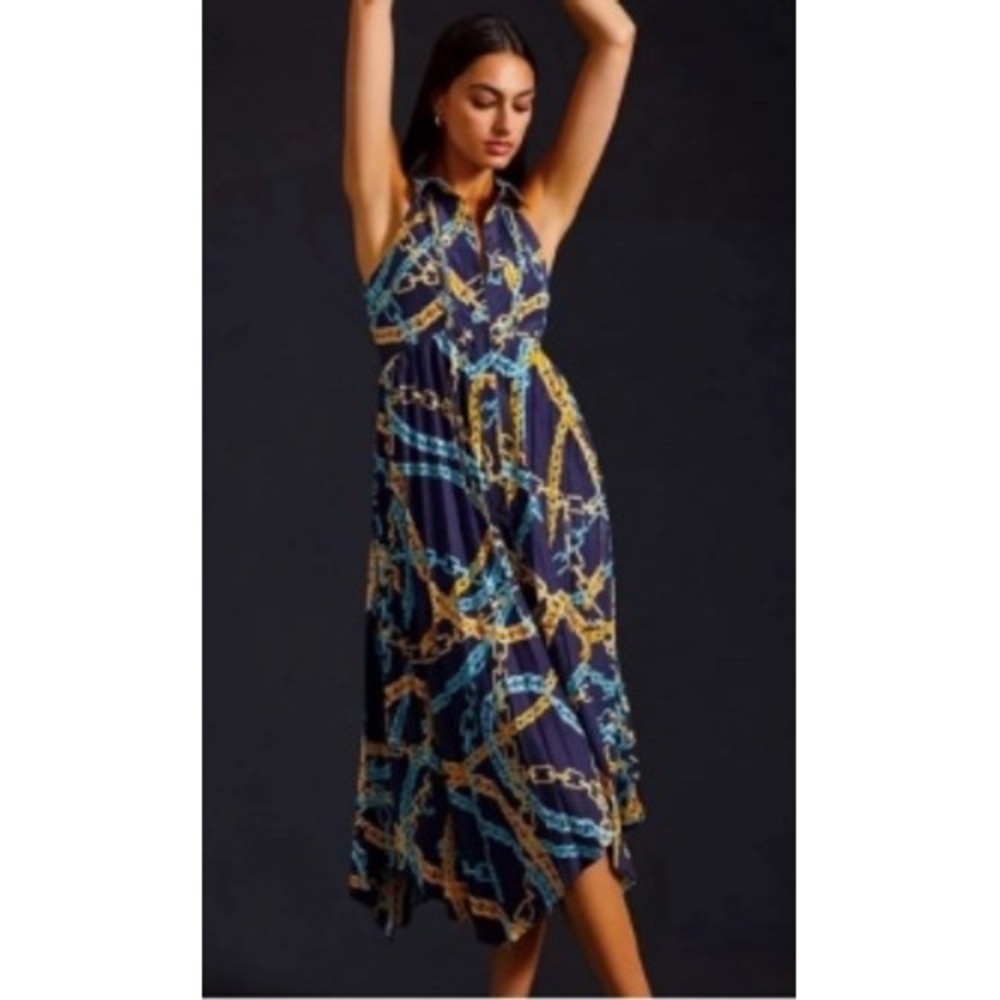 Maeve Anthropologie Pleated Hanky Hem Dress Chain Link Halter Midi Dress Size M